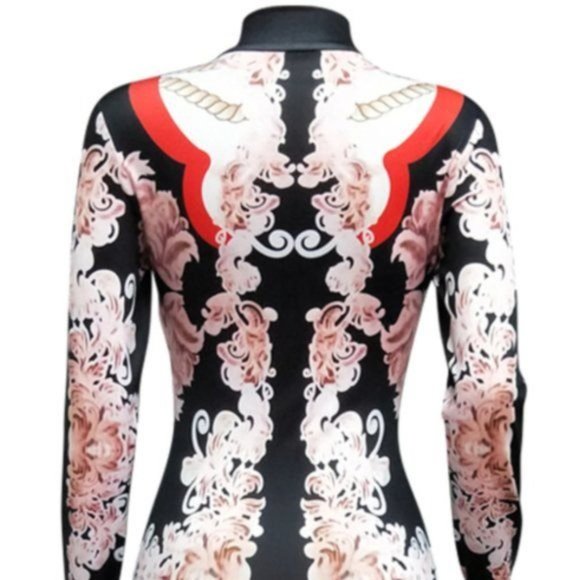 Callie Geisha: Cherry Blossom Sexy Stretch Bodycon Zip Up Midi Dress Medium - Picture 7 of 7